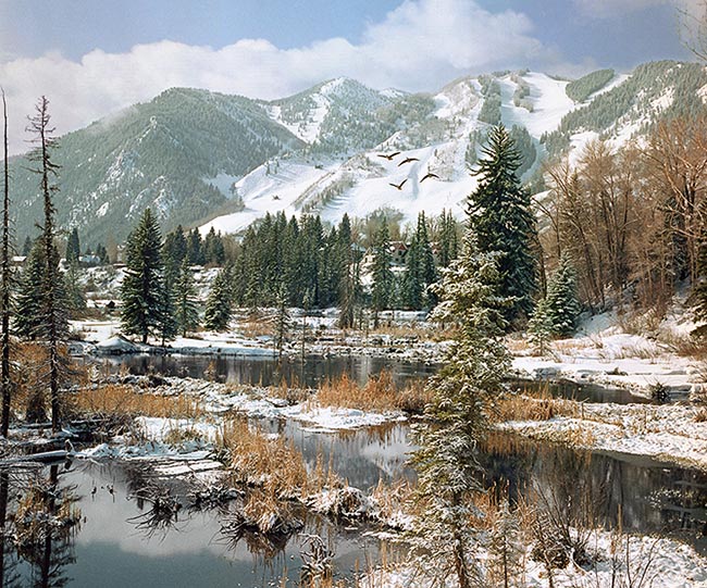 [© Hallam Lake by Ken Hutchison is described with Color, Neutrals, Cool, Warm, Water, Mountain, Woods, Horizontal, Winter, Buildings, House, Geese, Animal, Stock, Beige, Black, Blue, Cold, Gold, Gray, Green, White, Ajax, Aspen, Aspen Mountain, Colorado, Elk Range, Hallam Lake, Rocky Mountain, Rockys, Roaring Fork Valley, White River National Forest, Air, Blue sky, Clouds, Mt., Peak, Reflections, Rivers, Lake, Alpine, Ski Area, Town, City, Cottonwoods, Evergreen, Pine, Pines, Spruce, Tree, Trees, Fine Art hit 9694 rate ]
