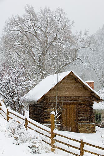 [© Lenado Winter, V by Judy Hill is described with Lenado, Woody Creek, Colorado, Barns, Buildings, Cabin, House, Old Buildings, Black, Cold, Cool, Gray, Neutrals, Silver, White, Snow, Snowy, Woods, 2004, Winter, Tree, Trees, Stock, Rocky Mountains, Farm, Color, Mountain, Vertical hit 7374 rate ]