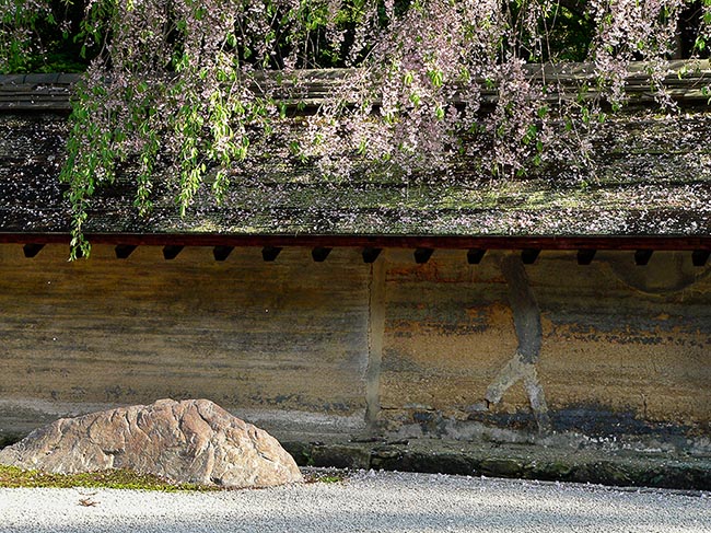 [© Wisdom Wall, Ryoanji by Amory B. Lovins is described with Fine Art, Stock, International, Wall, Beige, Black, Brown, golden, Gray, Green, Neutrals, Pink, Warm, White, Shrine, Flowers, Rock, Stone, Tree, Horizontal, Kyoto, Japan, 2005, Spring, Summer, City, Color hit 23939 rate ]