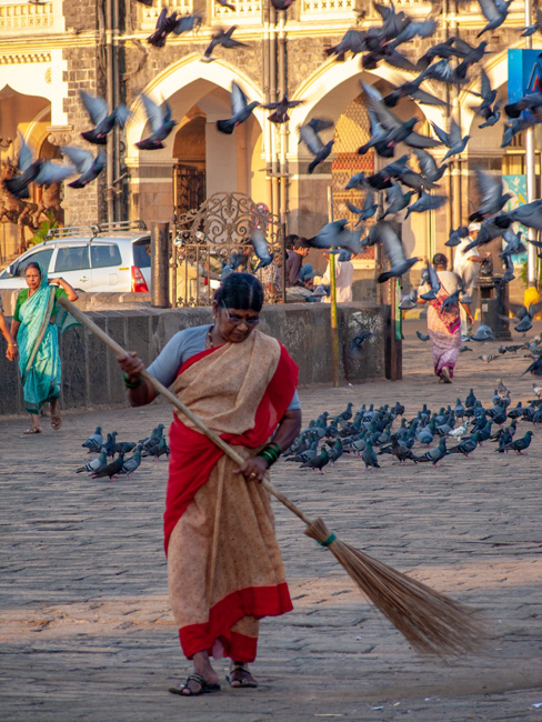 [© Birds fly while woman sweeps by Judy Hill Lovins is described with Color, Vertical, International, Fine Art, Woman, Broom, Blue, Yellow, Warm, Gray, Bird, Red, Orange, India, remix hit 6980 rate ]