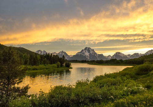 [© Mount Moran at Dusk by Amory B. Lovins is described with Fine Art, Stock, Grand Teton National Park, Sunset, Horizontal, Mountain, Water, River, Mt. Moran, Clouds, yellow, green, grey, Rocky Mountains, retro hit 36777 rate ]
