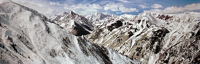 [© Winter, Top of the World by Judy Hill is described with Panorama, Horizontal, Colorado, Color, Cool, Neutrals, Mountain, Winter, Stock, Black, Blue, Brown, Gray, White, Pyramid Peak, Pyramid, Maroon Bells, Rocky Mountain, Rockys, White River National Forest, Aspen Highlands, Air, Blue sky, Clouds, Mt., Peak, Snow, Snowy, Alpine, Ski Area, Fine Art hit 10321 rate ]