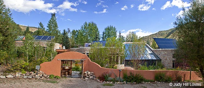 [© Banana Farm Panorama by Judy Hill Lovins is described with 1739 Snowmass Creek Road, 2010, Banana Farm, Building, Color, Colorado, Door, Exterior, Gate, Greenhouse, House, Old Snowmass, Photovoltaic, Sky, Solar Panels, Stock, Stone, Summer, Sunny, Wall, Window hit 6610 rate ]